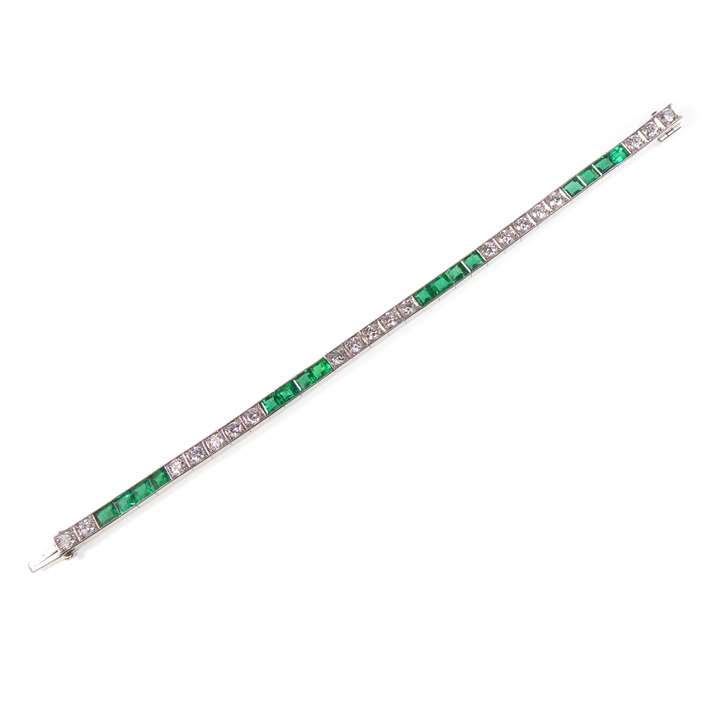 Art Deco emerald and diamond line bracelet
